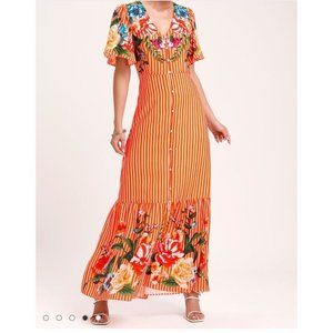Lulus Womens Orange Stripe Floral Button Down Maxi Dress size Sm New without Tag
